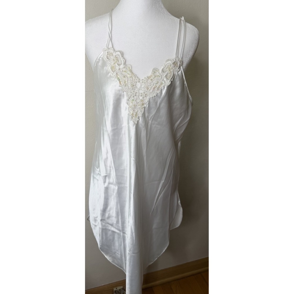 Vintage Y2K Lace Beaded Slip Dress Women's Size Medium White Fairy Dainty Bride